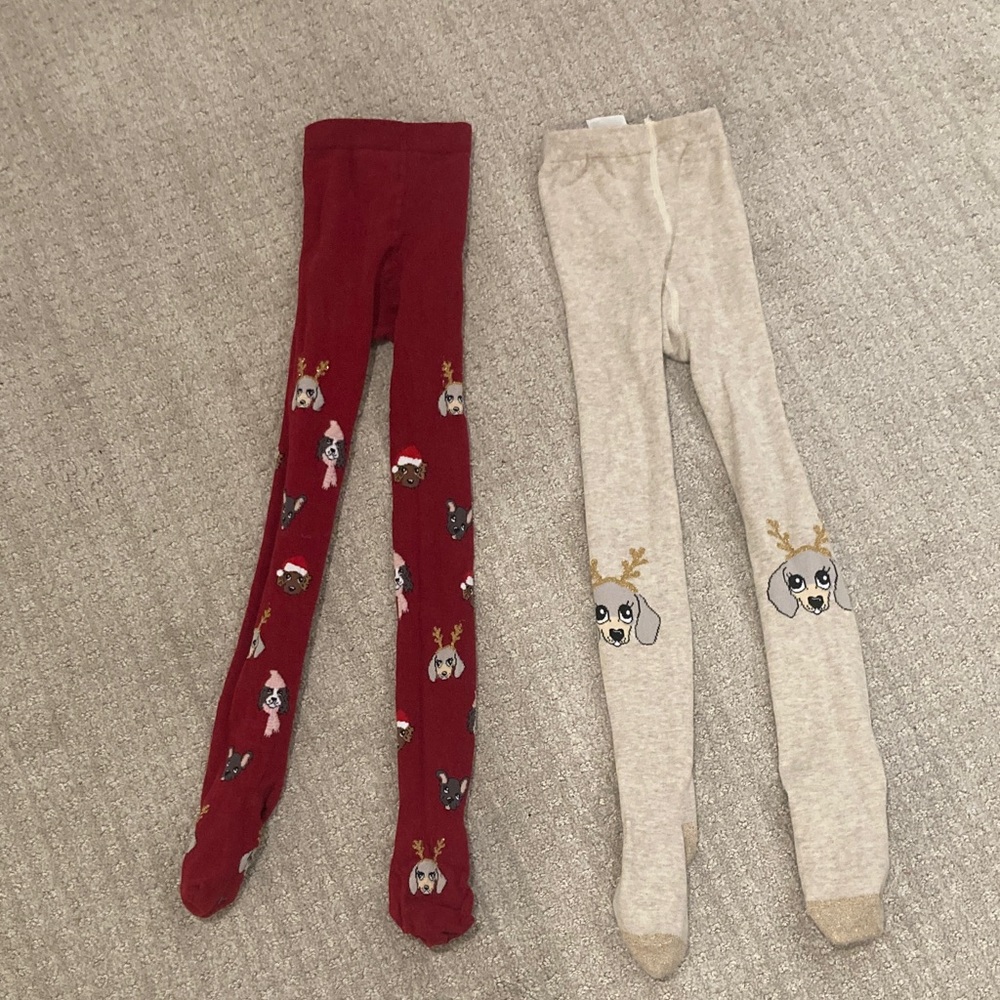 2 Pairs H&M Kids Festive DOG Tights - Red and Cream size 6x/7